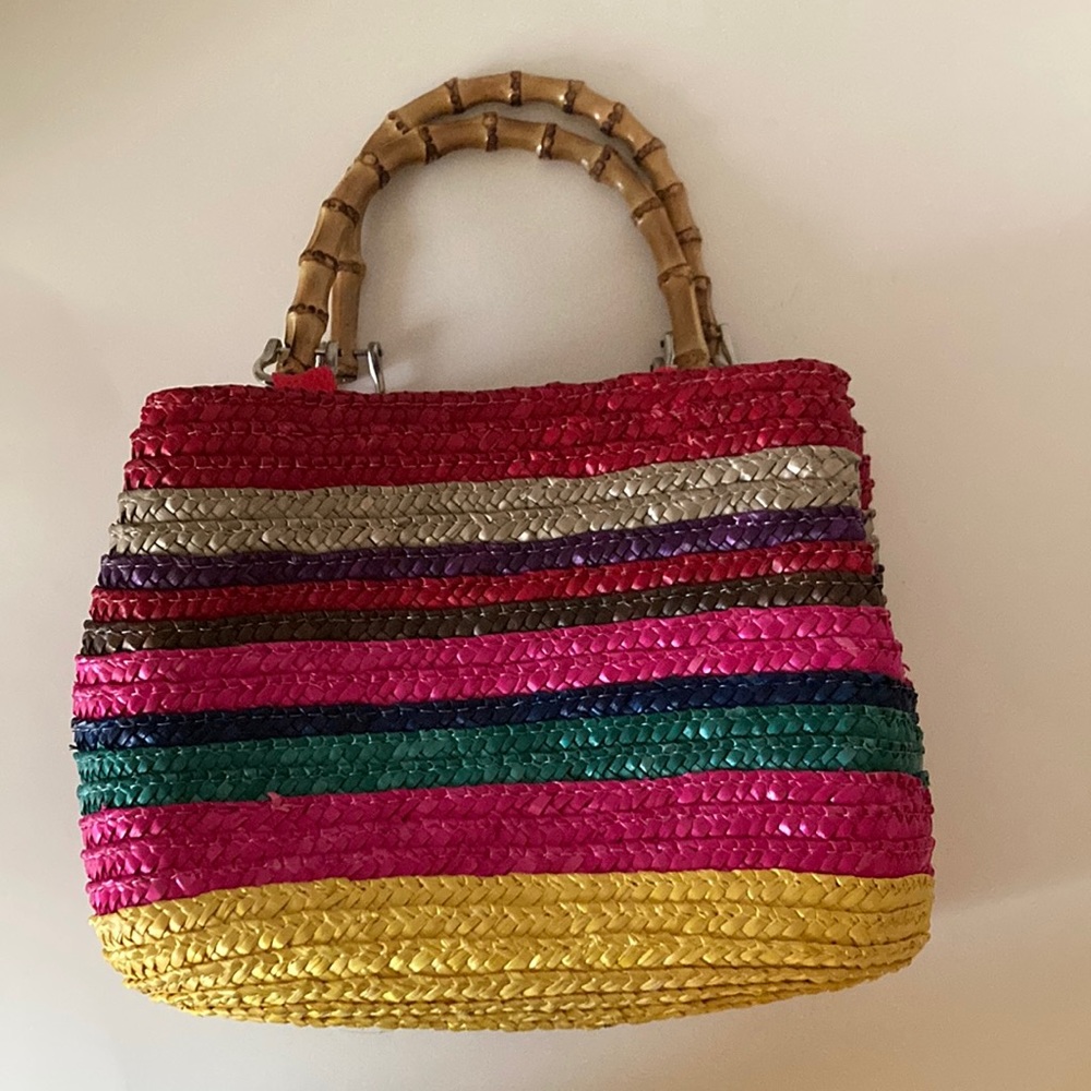 Wheat Straw Purse Pocketbook Handbag Bamboo Handles